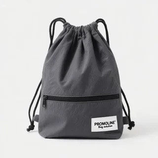 Dark Grey Cotton Drawstring Backpack with Zipper Pocket