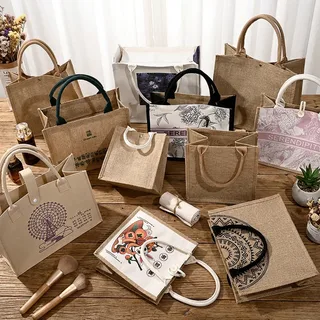 Khaki Jute Shopping Tote with Cotton Handle