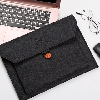 Black Felt Laptop Sleeve with Button Closure