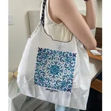 Foldable Nylon Printed Tote, Black / White / Pink – view 5