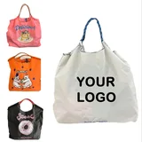 Foldable Nylon Printed Tote, Black / White / Pink – view 1