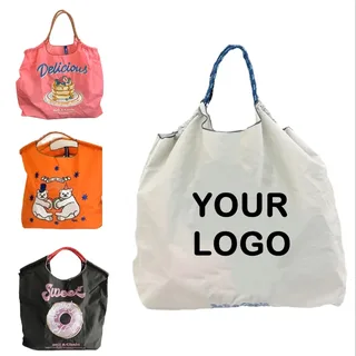 Foldable Nylon Printed Tote, Black / White / Pink