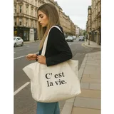 Beige Canvas Tote with Long Handles and Print – view 1
