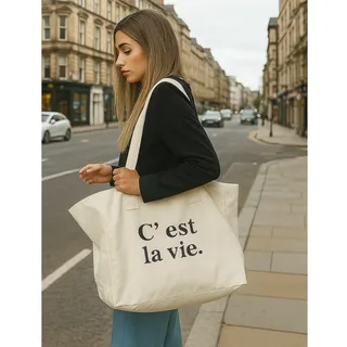 Beige Canvas Tote with Long Handles and Print