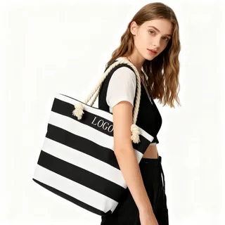 Striped Canvas Beach Tote Bag with Rope Handle