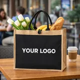 White and Black Jute Tote with Outer Button – view 1
