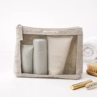Beige Cotton Mesh Cosmetic Pouch