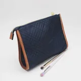 Deep Blue Quilted Nylon Makeup Bag with Leather Trim – view 3