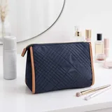 Deep Blue Quilted Nylon Makeup Bag with Leather Trim – view 1