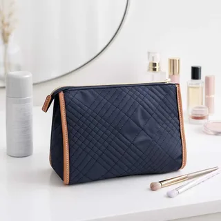 Deep Blue Quilted Nylon Makeup Bag with Leather Trim