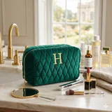 Green Quilted Velvet Cosmetic Bag with Letter Design – view 1