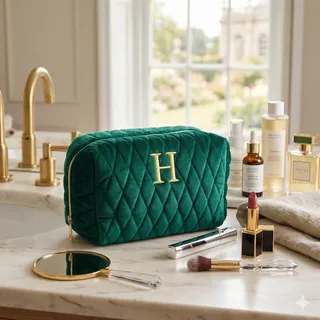 Green Quilted Velvet Cosmetic Bag with Letter Design