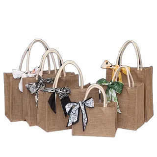 Camel Jute Tote Handbag with Hand Handles