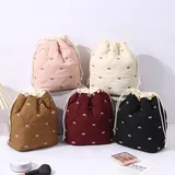 Wine Red Quilted Drawstring Makeup Bag with Bow – view 2