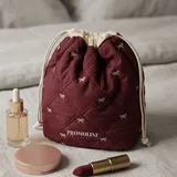 Wine Red Quilted Drawstring Makeup Bag with Bow – view 1
