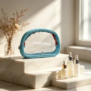 Sky Blue Clear PVC Makeup Bag with Mesh Trim
