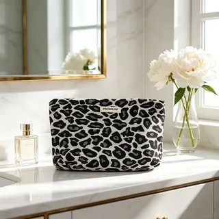 Black and White Leopard Ribbed Makeup Bag