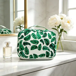 Tropical Leaf Print Polyester Makeup Bag with Handle