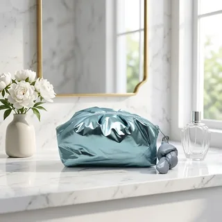 Metallic Ice Blue Puffy Makeup Bag with Knot Charm
