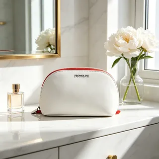 White and Red PU Half-Moon Makeup Bag