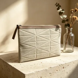 Beige Cotton Makeup Bag with Debossed Pattern