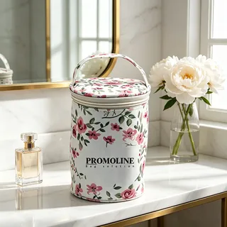White Floral Canvas Cylinder Makeup Bag
