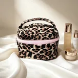 Pink Leopard Velvet Makeup Case with Handle – view 1