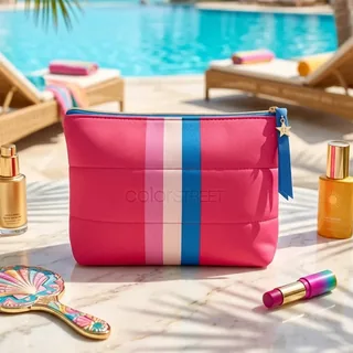 Pink Blue Striped Neoprene Cosmetic Pouch