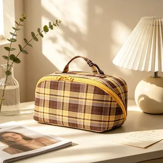 Brown Plaid Canvas Pouch with Handle
