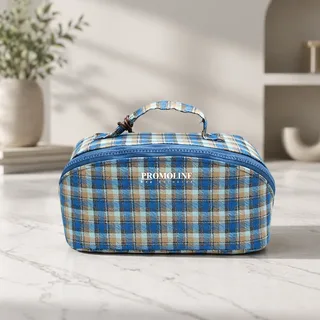 Blue Plaid Cotton Canvas Toiletry Pouch