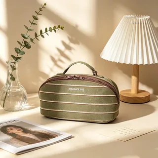 Olive Striped Canvas Pouch with Top Handle