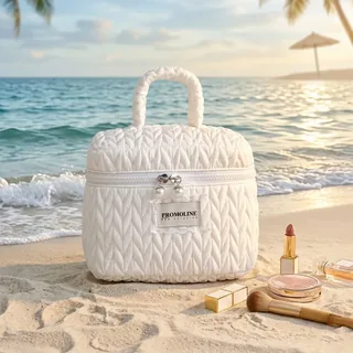 White Quilted Nylon Cosmetic Case with Handle
