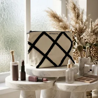 White Tufted Canvas Cosmetic Bag