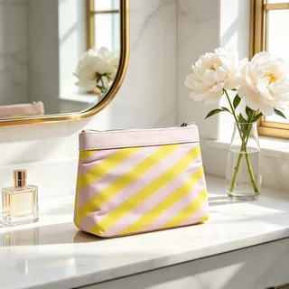 Pink and Yellow Striped Canvas Cosmetic Bag