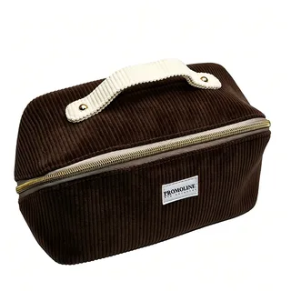 Brown Corduroy Makeup Bag with Cream Handle
