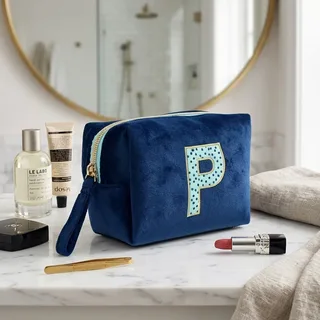 Dark Blue Makeup Bag with Initial Letter Applique