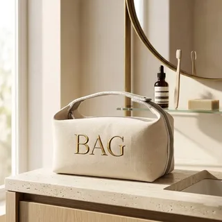 Beige Terry Makeup Bag with Embroidery