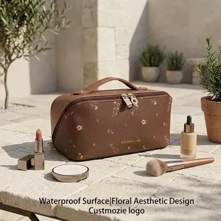 Brown Floral PU Makeup Bag