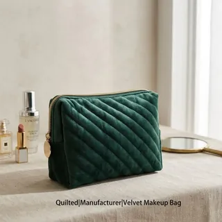 Green Quilted Velvet Cosmetic Bag