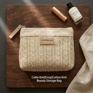 Beige Cable Knit Cosmetic Bag