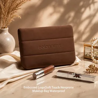Brown Embossed-Logo Neoprene Cosmetic Pouch