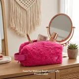 Pink Plush Faux Fur Cosmetic Bag with Handle – view 1