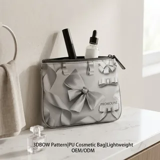 Gray Bow Print PU Cosmetic Pouch
