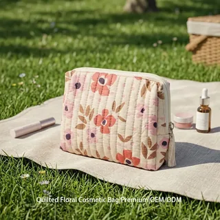 Floral Quilted Cotton Canvas Cosmetic Bag